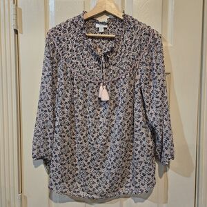 J. Jill Boho Floral Blouse Tassel Tie Cotton Cottagecore Peasant Top Size S